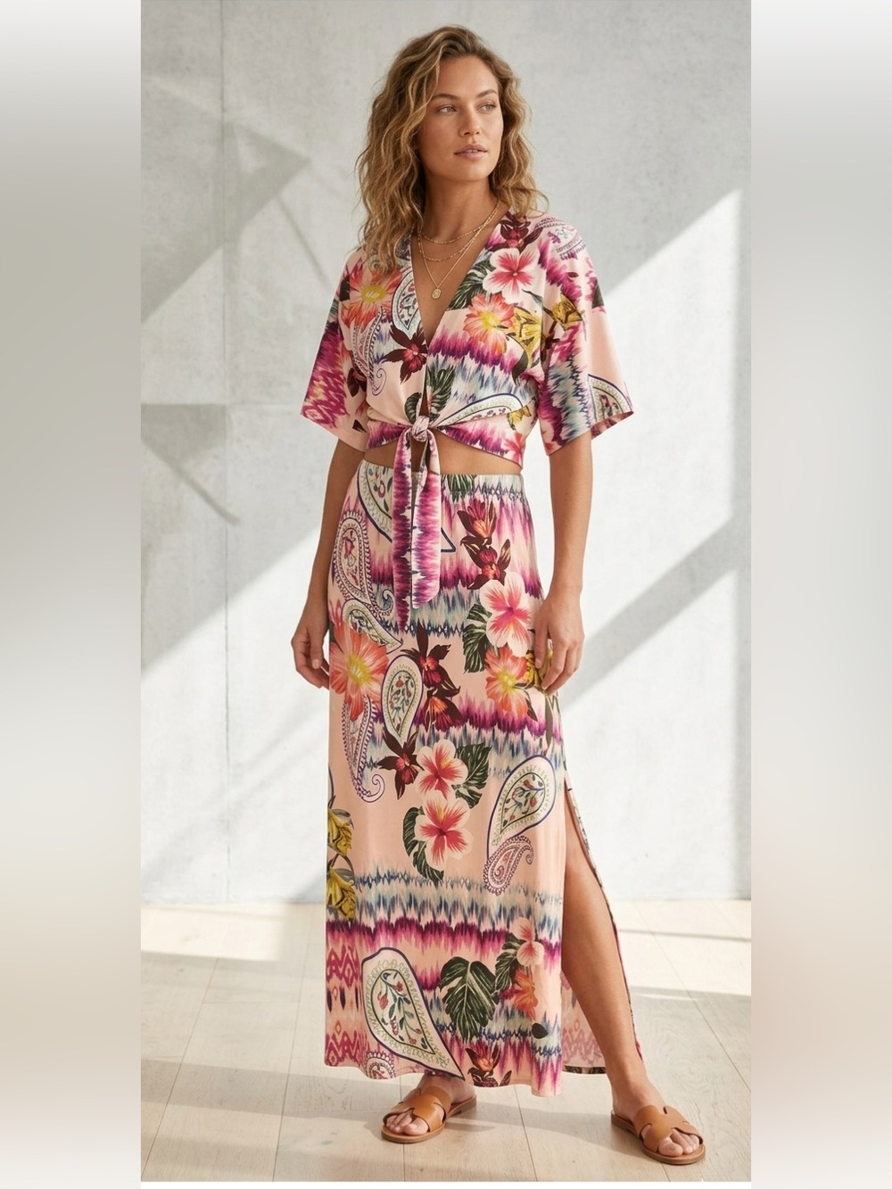 Chico’s 1 Tropical Floral Paisley Maxi Skirt with Side Slit in Peach and Pink